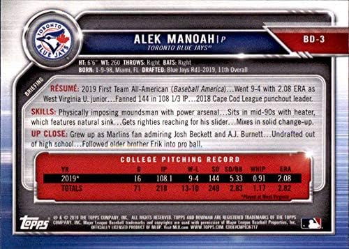 2019 Bowman Draft BD-3 Alek Manoah RC Rackie Toronto Blue Jays MLB Baseball Trading Card