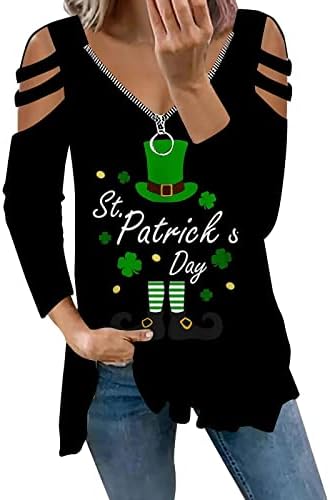 Денот на Денот на Свети Патрик за жени секси V-врат за вратот Исеки од рамото маички со долга ракав зелена буква печатена маица