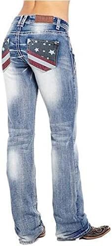 Фармерки за жени Американски знаме печати џебови Среден половината Солидна измиена истегната фармерки за гроздобер тексас долги