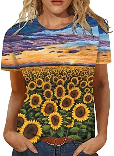 Салон блуза за женски кратки ракави памучни екипаж вратот на вратот врат графички сончогледово печатење цветна лабава маичка кошула