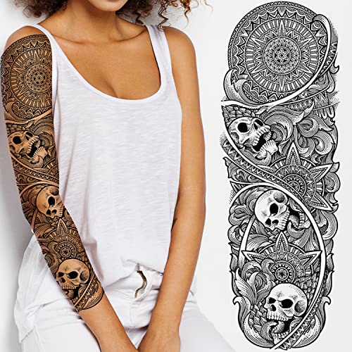 Татодејс 2 х Привремена тетоважа черепи со полна рака готски стап на уметноста на телото трансфер за жени и мажи косплеј ноќта на