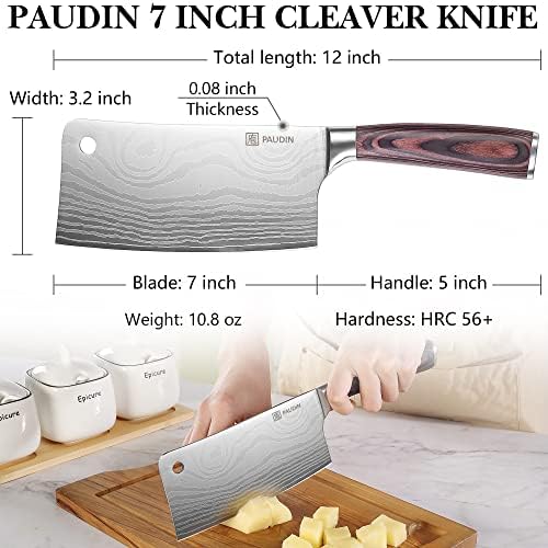 Паудин Клејвер нож, ултра остар месо од месо 7 инчи, високо јаглерод не'рѓосувачки челик месар нож со фалсификувана сечило и дрвена рачка,