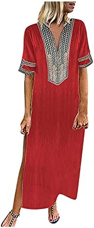 Amxyfbk Chrortенски краток ракав V-врат со долги здолништа со цврста боја, странични парчиња фустани, мода лабава пулсирана