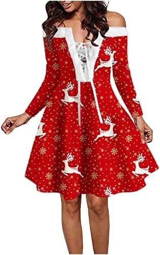 Бадхуб Божиќ_дрес Жени Секојдневен Божиќен Принт Фустан Со Долг Ракав Надвор Од Рамото Колено За Мини Фустан За Забави
