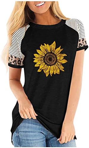 Памучни кошули со долги ракави за жени кратки ракави сончогледни печати за печатење на лепенка, обична маица О-вратот женски Т.