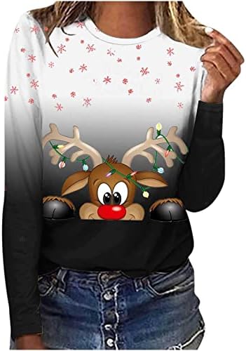 Карирана елк џемпер за жени Божиќ пулвер маица градиент снегулка со долги ракави тунични обични Божиќни џемпери