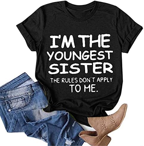 Јас сум најмладата маица со букви за жени - плус големина лабава блуза врвови девојки кратки ракави графички обични маички