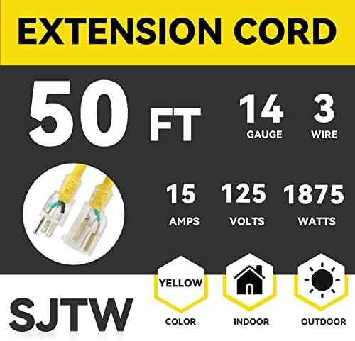 Aglidide 50 ft 14/3 Осветлен кабел за продолжување на отворено - 14 мерач SJTW тешки жолт кабел за продолжување со 3 приклучен приклучок, одлично