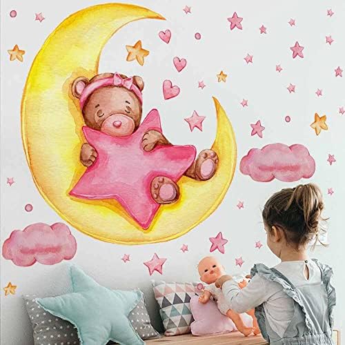 Теди Мечка Спие На Месечината И Ѕвездите Симпатична Ѕид Налепници За Бебе Детска Соба Декор Слатка Сон Расадник Декор Дете Спална Соба Игротека