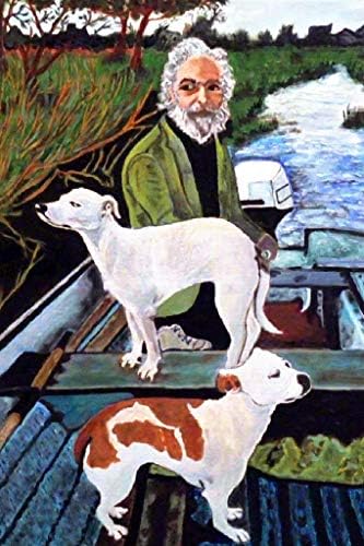 Човек во брод со кучиња филм за сликање на филм за сликање на мотор на воден филм кул wallиден декор, уметнички постер за печатење