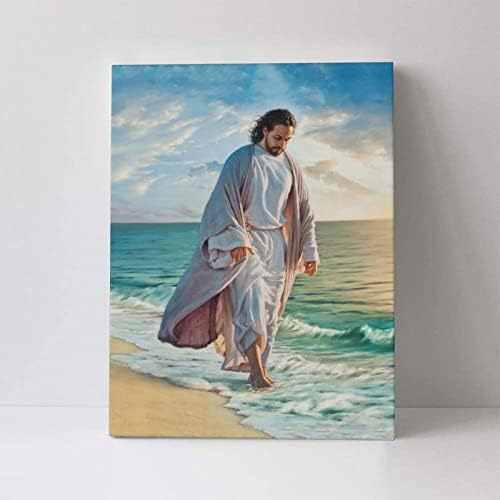 Исус слика платно wallидна уметност христијански подароци Исус шетајќи по постер за плажа религиозни уметнички дела Христово духовно