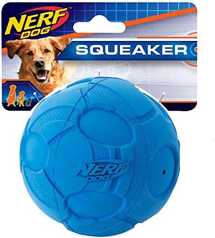 Нерф куче баш топка играчка со интерактивен пискач, лесен, издржлив и отпорен на вода, 4 инчи, за средни/големи раси, единечна единица, сина