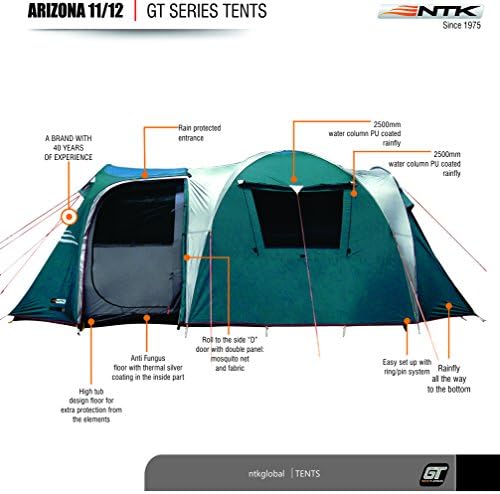 NTK Arizona GT 12 лице шатор за семејно кампување | Кампување со кампување 17x8 ft со 2 соби, 2 врати, водоотпорна купола и