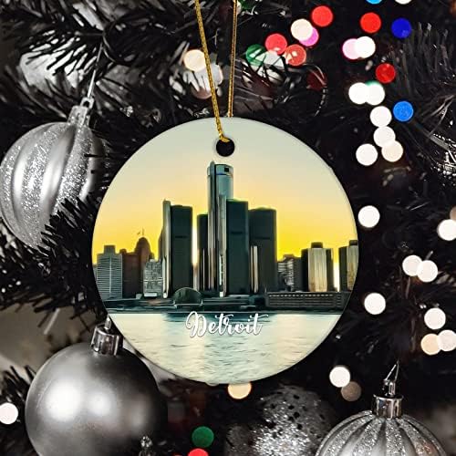 Божиќни керамички украси Детроит Сити пејзаж Божиќен украс природна глетка гроздобер двострана печатена Божиќна меморија за чување