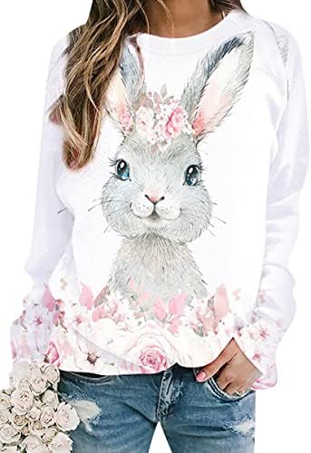 Иминг жени Велигденски зајаче печатено џемпер на екипажот на вратот со долги ракави со долги ракави, смешни врвови на кошула за зајаци