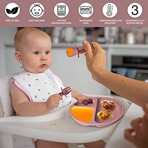 Меѓусебнопроизводи 4 Парчиња Прибор За Бебиња - Силиконски Бебешки Лажици И Вилушки за Самохранење - Вшмукувачка Плоча-Материјали