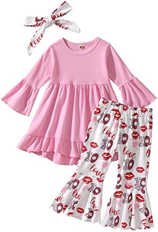 Дете за бебиња девојчиња Денот на в Valentубените облеки со долги ракави точка на срцева кошула Топ црвена суспендирана облека за здолништа