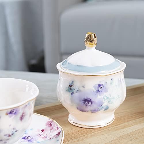 Fanquare Floral Porcelain чај сет, елегантен сет на сино кафе, модерна услуга за чај за 6, чај забава поставена за роденден, свадба
