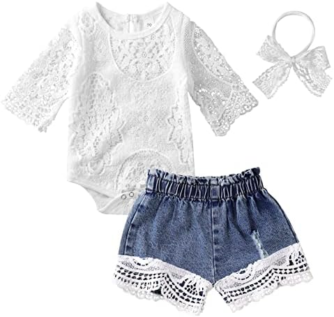Облека Одимаме бебе девојче облека облека бели чипка ромпер + искинато фармерки + лента за глава 3 парчиња летен сет на облека