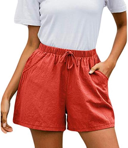 ВОЛУА жени солидни шорцеви со високи половини памучни постелнина лабава еластична половината на летни летни шорцеви на плажа