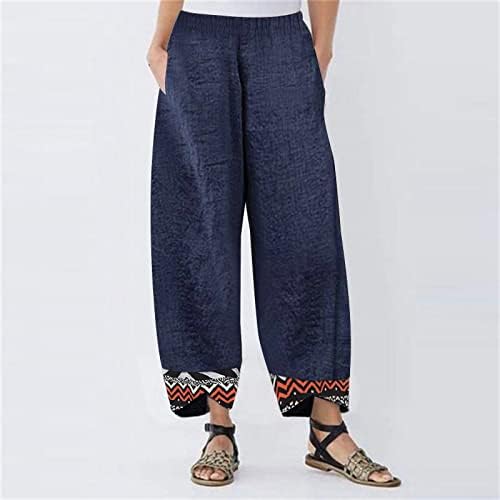 Памучни постелнини исечени панталони за жени, летни обични широки нозе лабави вклопени капри бохо-удобни панталони за жени