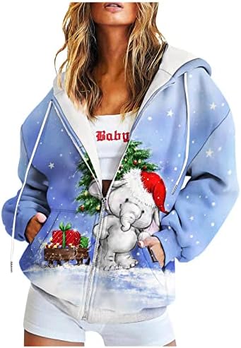 Nokmopo Божиќни зимски палта за жени Божиќно печатење патент со долги ракави џемпер јакна со џебови со џебови