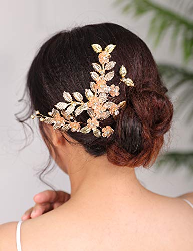 Деферија златна невестинска свадба чешел за коса, пин од лисја за коса, цветни невестински додатоци за коса за жени и девојчиња