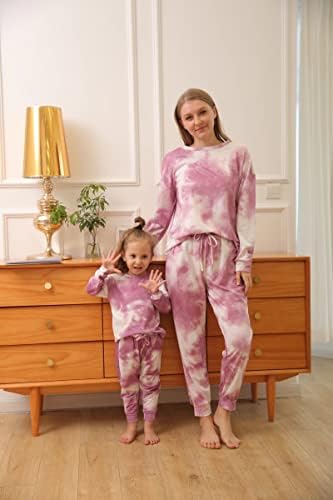 Бебе девојки облеки на мама и јас, врзана боја, за да се совпаѓаат џокери за џогерни панталони, поставувани поставувања со долги ракави