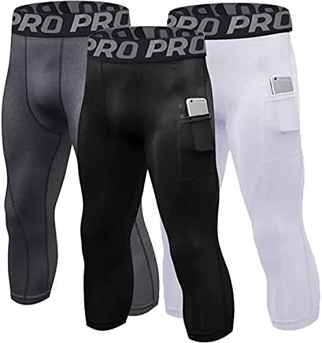 Панталони за компресија за мажи 3/4 Капри хеланки суво вклопување тренингот што работи атлетски теретани хулахопки дното 3 пакувања