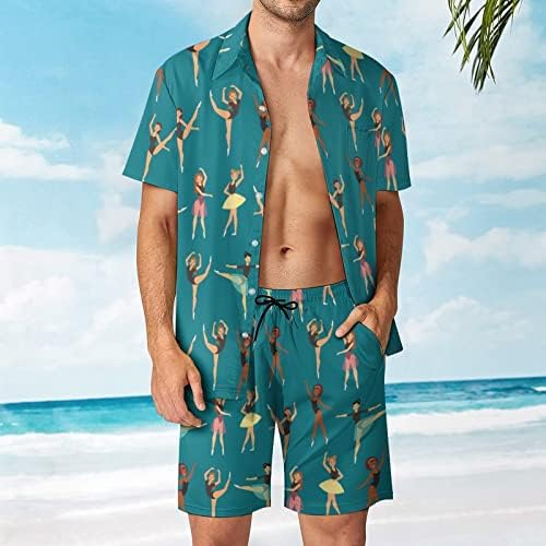 Weedkeycat Balerinas Tancer Man's Mach Beach Outfits 2 Piece Hawaiian копче надолу со кошула Краток ракав и шорцеви