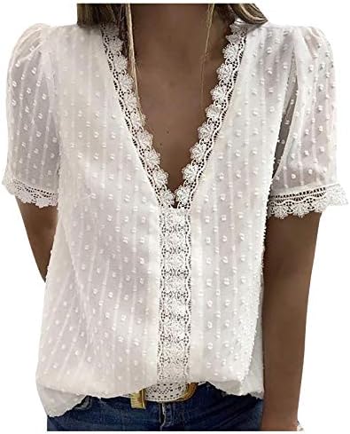 Врвови за жени со краток ракав/чипка без ракави jacquard v вратот маица лабава летни кошули на бохо летни кошули основни врвни блузи
