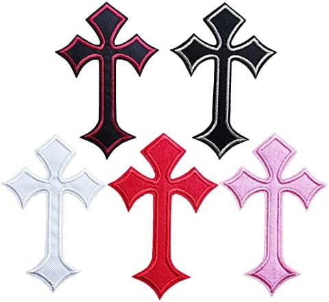 5 парчиња мулти-боја Исус Сен Крст железо на шиење на лепенка, извезена значка за амблем за лепенка за ранец за девојчиња, фармерки