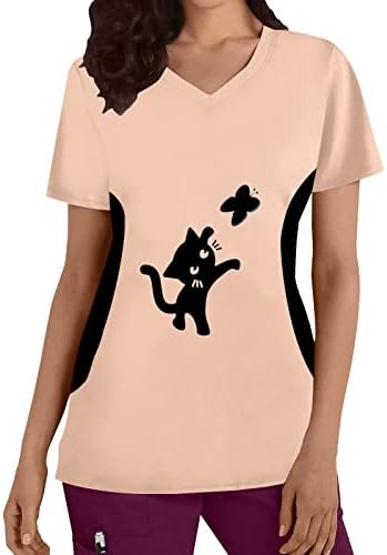 Краток ракав атлетски кошула женски плус големина на врвот V вратот со кратки ракави мачки отпечатоци маица вежба за стомакот