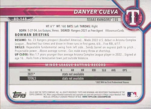 2022 Bowman Draft BD-148 Danyer Cueva RC Rackie Texas Rangers Официјална картичка за тргување со бејзбол