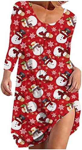 Божиќно фустан на Нокмопо за жени есен и зимска рунда на вратот долг ракав Божиќен печати со долг ракав колено должина фустан