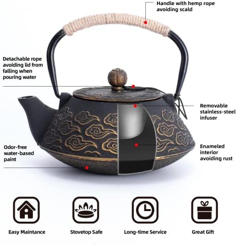 Милвбусис леано железо чајник, јапонски сад за чај со инфузер за лабав лист, чај котел за шпорет безбеден обложен со емајлиран ентериер,