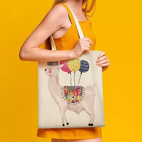Wengbeauty Canvas Tote торба симпатична акварела сонувајќи лама алпака роденденски торта балони рамената торба за еднократно намирници за намирници