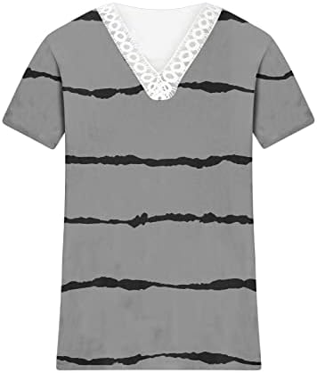 Есенски цветни печатени врвови за жени, капчиња чипка трим v врат кратки ракави маици, обични лабави пукалови маички кошули