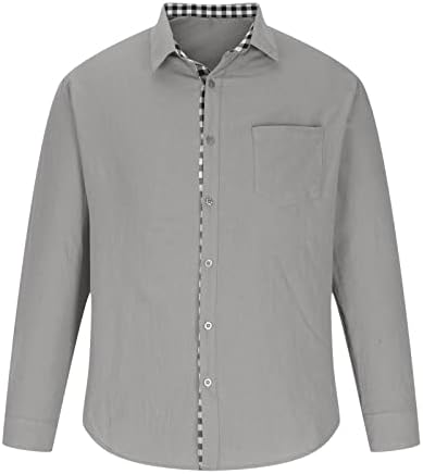 Дизајнерски кошули за мажи памучни постелнина карирана крпеница лапел јака со една гради со долги ракави блуза удобни ладни врвови