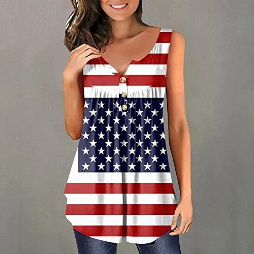 Хенли резервоарот врвови долга должина за жени лабави фларен кошули САД со знаме за печатење на знамето, проточна туника, врвна