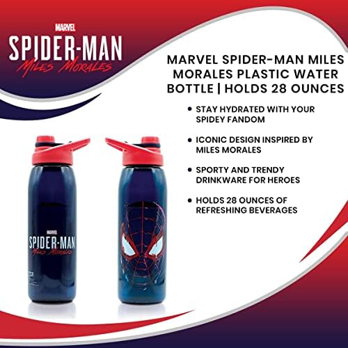 Marvel Spider-Man Miles Morales 28-унца спортско шише со вода | БПА-пластичен бокал со вода со капакот на завртката за завртки и капачето на