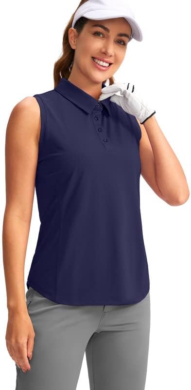 Santianенска женска кошула за голф без ракави со копчиња со копче надолу од пол-кошули суво вклопување во тениски резервоар за тенис за жени