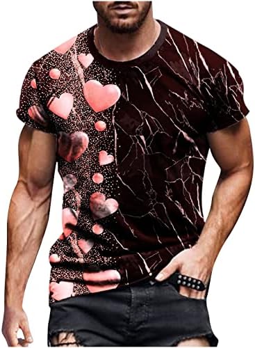 Стилски кошули за мажи 3Д срцеви в Valentубени печатени кружни вратот со кратки ракави за кратки ракави, комфорна фитнес спортски врвови на
