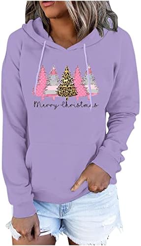 Hoksml салон дуксери за жени новогодишна елка Дедо Мраз печати долги ракави, џемпери со џеб со џебни удобни врвови