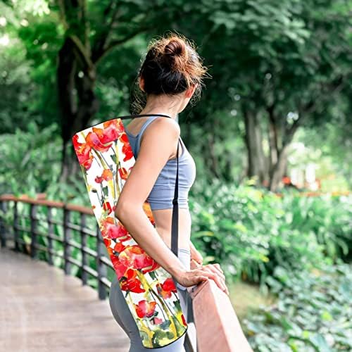 Ratgdn јога мат торба, црвени афиони цвеќиња вежбаат јога мат носач на јога мат торба со торбичка со прилагодлива лента за жени мажи