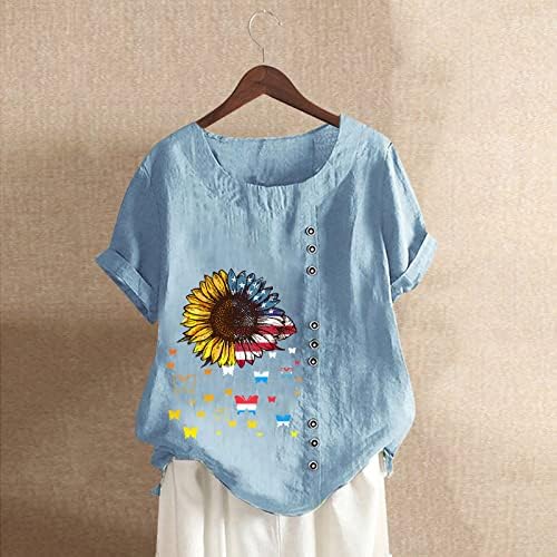 Плус големина памучни постелнини врвови за жени слатки сончогледни маици лето кратки ракави Американски знамиња графички блузи