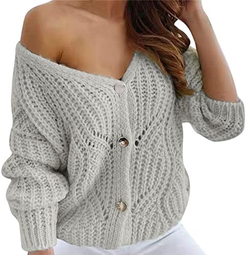 Џемпери за жени обичен отворен преден кабел плетен кардиган џемпер палто со долг ракав v вратот копче надолу лабава надворешна облека