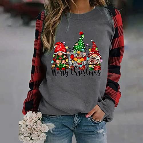 Womenените Божиќно печатење пулвер џемпер врвот карирана карирана долга ракав за џемпер на лежерна дама, патека за патеки