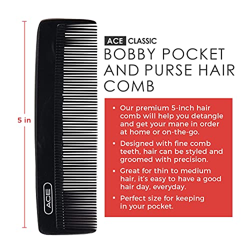 Goody Ace Classic Bobby Pocket и чанта чешел за коса - 5 инчи, црна - одлична за сите типови на коса - фини чешел за заби за тенка до