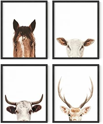 Haus and Hues сет од 4 рустикални фарма на животни - слики од коњи од елен и коза Слики Wallиден декор | Слики на фармата за домот модерен